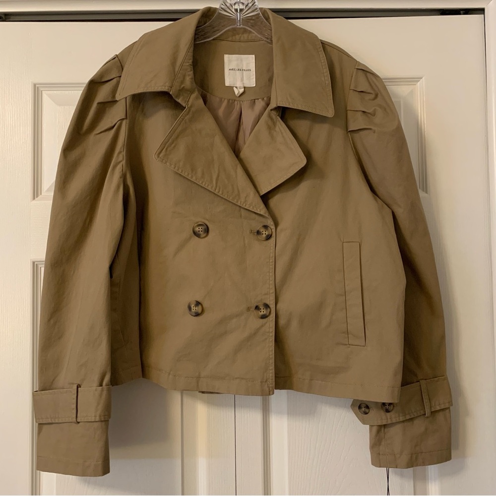 Avec Les Filles Cropped Puff Sleeve Trench Coat Tan Double Breasted XL NWT - Picture 4 of 15